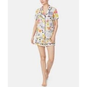 Betsey Johnson Pajama Set Small Floral Star Heart Print Rayon 2pc PJ Size S